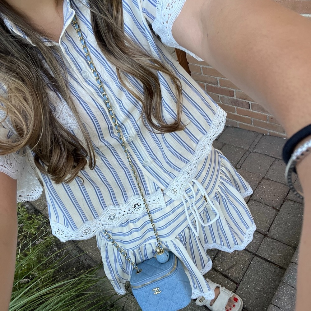 Sandro Yellow and Blue Striped Cropped Button-Down Shirt - Picture 4 of 4